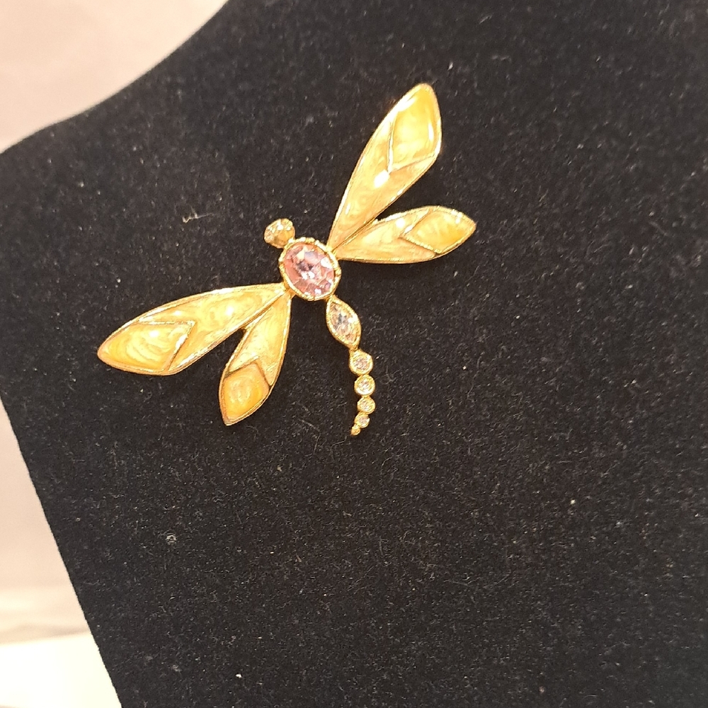Vtg Kenneth Jay Lane Dragonfly Brooch Pink & Clear Rhinestones Pink Enamel Wings